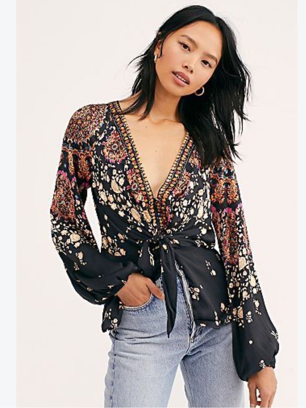 Free People Run Free Blouse NWOT Boho Floral V-Neck Balloon Sleeve M Black